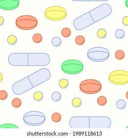 Pills seamless vector pattern. Medical supplies on a white background. Medical pattern.