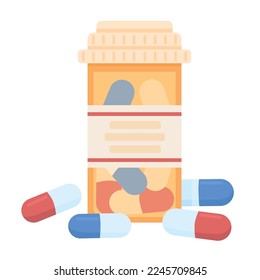 Pills semi flat color vector objects. Editable items. Full size element on white. Drugs and vitamins. Medicines in bottle simple cartoon style illustration for web graphic design and animation