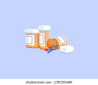 Pills Semi Flat RGB Color Vector Illustration. Painkillers Addiction, Opioids Abuse, Opiates Dependency. Medical Prescription, Medical Remedy Isolated Cartoon Object On Blue Background