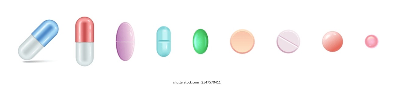 Conjunto de comprimidos, coleção de pílulas coloridas bonitos, medicamentos em diferentes tamanhos e formas ícone