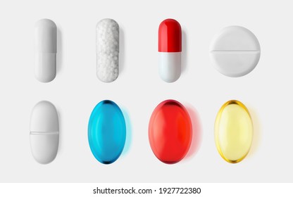 Pills set isolated 3d realistic vector illustration. Medical and healthcare concept. Pharmaceutical medicine.  Supplements pill, nutrients, probiotics, painkiller, antibiotic