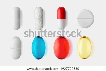 Pills set isolated 3d realistic vector illustration. Medical and healthcare concept. Pharmaceutical medicine.  Supplements pill, nutrients, probiotics, painkiller, antibiotic