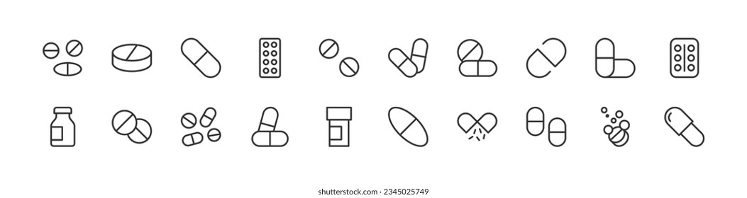 pills set of simple line icons. Collection of web icons for UIUX design. Editable vector stroke 24x24 Pixel Perfect