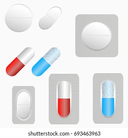 Pills, set of tablets and capsule. Medicines in blister pack. Vector illustration.