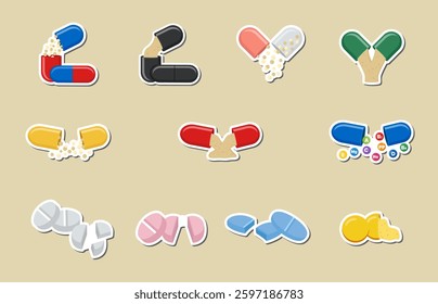 Pills set. Vector sticker collection of flat icons 