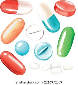 Pills set. Watercolor vector illustration.