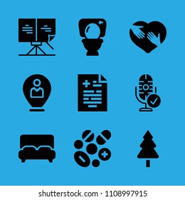 pills, shaking hands inside a heart, tree, location, medical result, sheet music, bed, microphone and toilet vector icon. Simple icons set