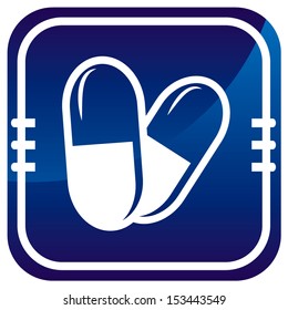 Pills sign on blue button