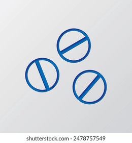 Pillen einfaches Symbol. Flaches Design. Papierschnittdesign. Ausgeschnittenes blaues Symbol mit Schatten. Grauer Hintergrund.ai