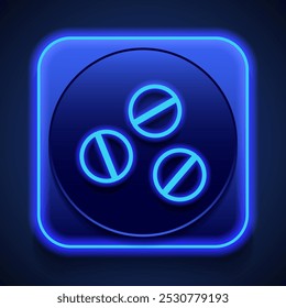 Píldoras icono simple. Diseño plano. Estilo de neón azul en el Botón. Con shadow.ai
