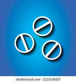 Pills simple icon. Flat desing. White icon with shadow on blue background.ai