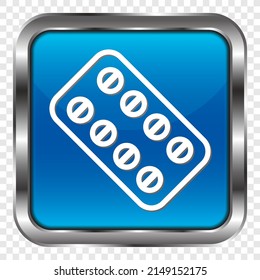 Pills simple icon vector. Flat design. Metal, blue square button. Transparent grid.ai