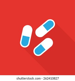 Pills. Single flat icon on red background. Vector illustration.