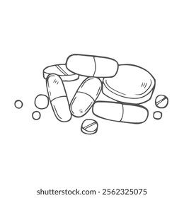 Pills sketch. Medical capsules. Medicines vitamins. Hand drawn line art illustration.