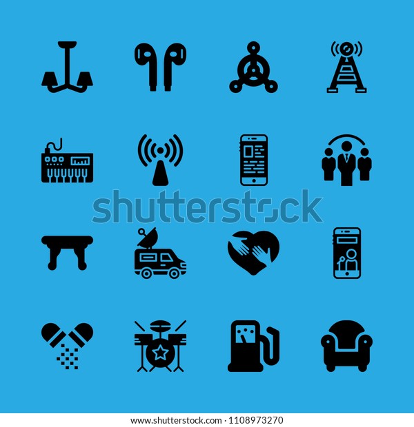 pills, smartphone, shaking hands inside\
a heart, chandelier, piano, earphones, van, group and non ionizing\
radiation vector icon. Simple icons\
set