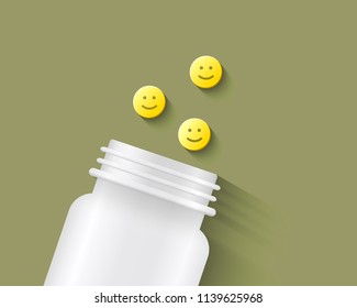 Pills with smiling face on them next to a white pill bottle