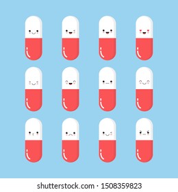pills smiling. Happy cute pills and tablets on a blue background, medication with emotion and eyes, smile, happiness. Vector image