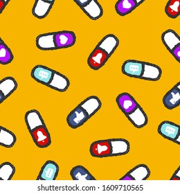 Pills with Social Media Seamless Pattern. Symbols of Social Addiction Seamless Pattern. Capsules Seamless Pattern on yellow background isolated. Stock Vector Illustration. Cartoon style. 