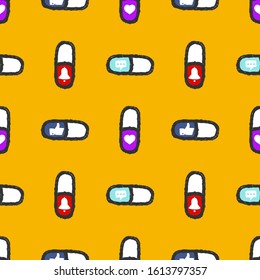 Pills with Social Media Seamless Pattern. Symbols of Social Addiction Seamless Pattern. Capsules Seamless Pattern on yellow background isolated. Stock Vector Illustration. Cartoon style. 