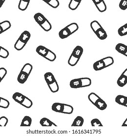 Pills with Social Media Seamless Pattern. Symbols of Social Addiction Seamless Pattern. Capsules Seamless Pattern on white background isolated. Stock Vector Illustration. Cartoon style. 