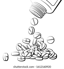 Pills spilled from bottle vector illustration. Pile of pills concept in black and white.