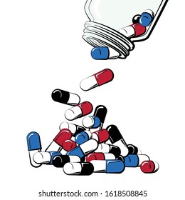 Pills spilled from bottle vector illustration. Pile of capsule pills concept in color.