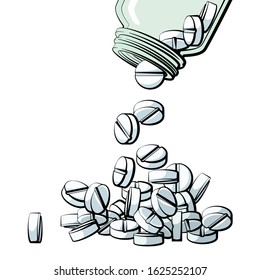 Pills spilled from bottle vector illustration. Pile of tablet pills concept in color.