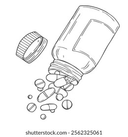 Pills spilled from bottle vector illustration. Bottle pills hand drawn illustration