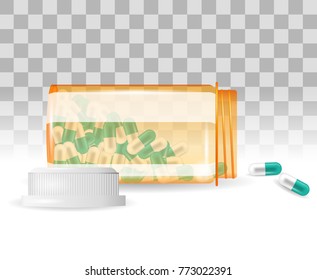 Pills are spilling out of a bottle. Realistic vector illustration. Tablets in a bottle on the transparent background. Capsule-shaped tablets in prescription, medicine and drug bottle.