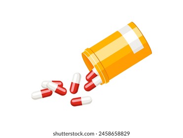 Pills spilling out of pill bottle. Vector cartoon flat illustration of open container for medication. 