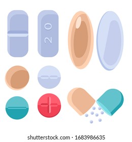 Pills sticker set on white isolated backdrop. Antibiotic tablets for social banner, medical poster, web template or cloth print. Chemist shop logo or info card. Minimal style stock vector illustration