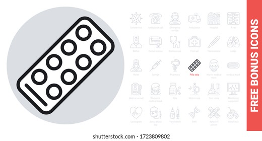 Pills strip icon. Simple black and white version. Free bonus icons kit included