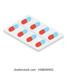 
Pills strip isometric icon, medicine and healthcare vector.  
