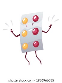 Pills super hero. Cute cartoon character with smiled face. Blister with tablet like a superman. Medicinal strong help