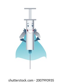 Pills super hero. Cute cartoon character with smiled face. Syringe like a superman with a cloak. Medicinal strong help