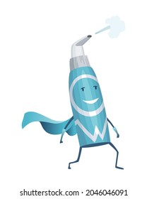 Pills super hero. Cute cartoon character with smiled face. Spray bottle like a superman with a cloak. Medicinal strong help