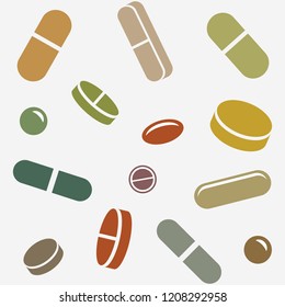 Pills or Supplements is an illustration of different type of pills or supplements laid out randomly and set up to be able to be used as a seamless repeatable pattern.