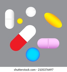 Símbolos de las píldoras. Elementos de color. Signo de medicina. Idea farmacéutica. Fondo oscuro. Ilustración vectorial. Imagen de archivo.