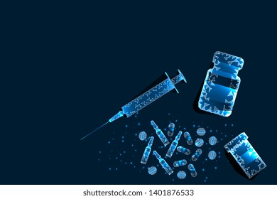 Pills, syringe. Abstract polygonal pill frame near bottle and syringe on blue background. Medical, pharmacy, health, vitamin, antibiotic, pharmaceutical, illustration. Vector.