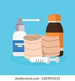 Pillen und Spritze, Vektorgrafik. Flaches Design. Konzept der Medizin und des Gesundheitswesens.