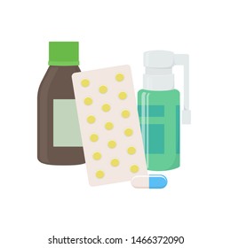 Pills, syrup, throat spray - treatment of cold and flu. Vector