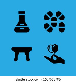 pills, table, flask and hand holding balloons icons vector in sample icon set for web and graphic design