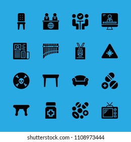pills, table, table, id card, laser, sofa, panpipe, meeting and pills vector icon. Simple icons set
