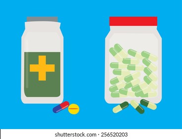 Pills and Tablet in a Bottle. Vector Illustration