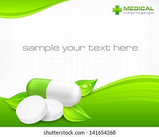 Pills, tablet and capsule with text on natural background, vector illustration.