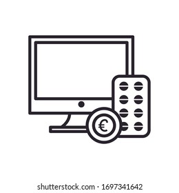 Pills tablet computer and coin line style icon design of Shopping online ecommerce market retail buy paying banking and consumerism theme Vector illustration