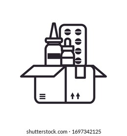 Piscinas tabletas y cuentagotas dentro de la línea de la caja diseño icono de compras en línea mercado de comercio minorista comprar banca pagada y consumismo tema Vector ilustración