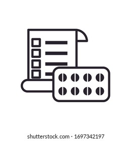 Píldoras tableta y línea de recibo diseño ícono de Comprar comercio electrónico comprar banca pagada y consumismo tema Vector ilustración