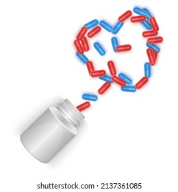 Pills or tablets and capsules arranged in heart shape with white pill bottle vector illustration