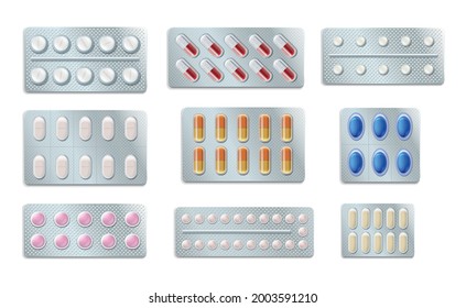 Tabletten Kapseln Blisterpackung mit realistischen Symbolen Blisterpackungen mit Tabletten verschiedener Größen, Farben und Typen, Vektorgrafik